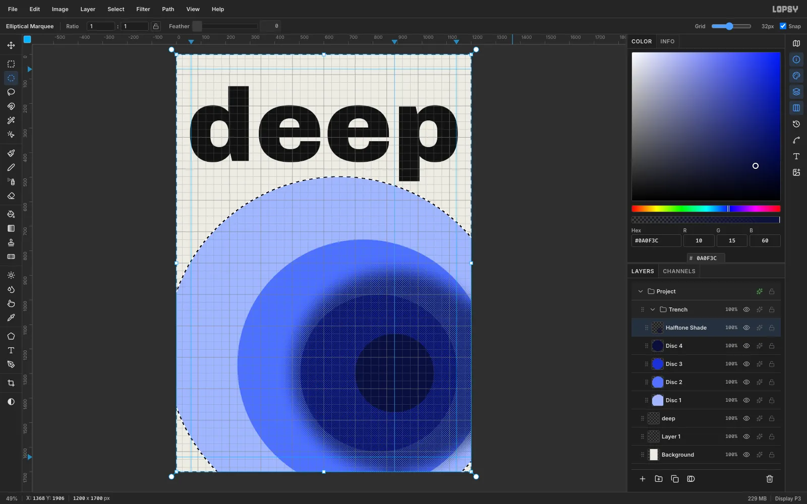 An inverted elliptical selection whose marching ants run around the largest disc and the canvas edge