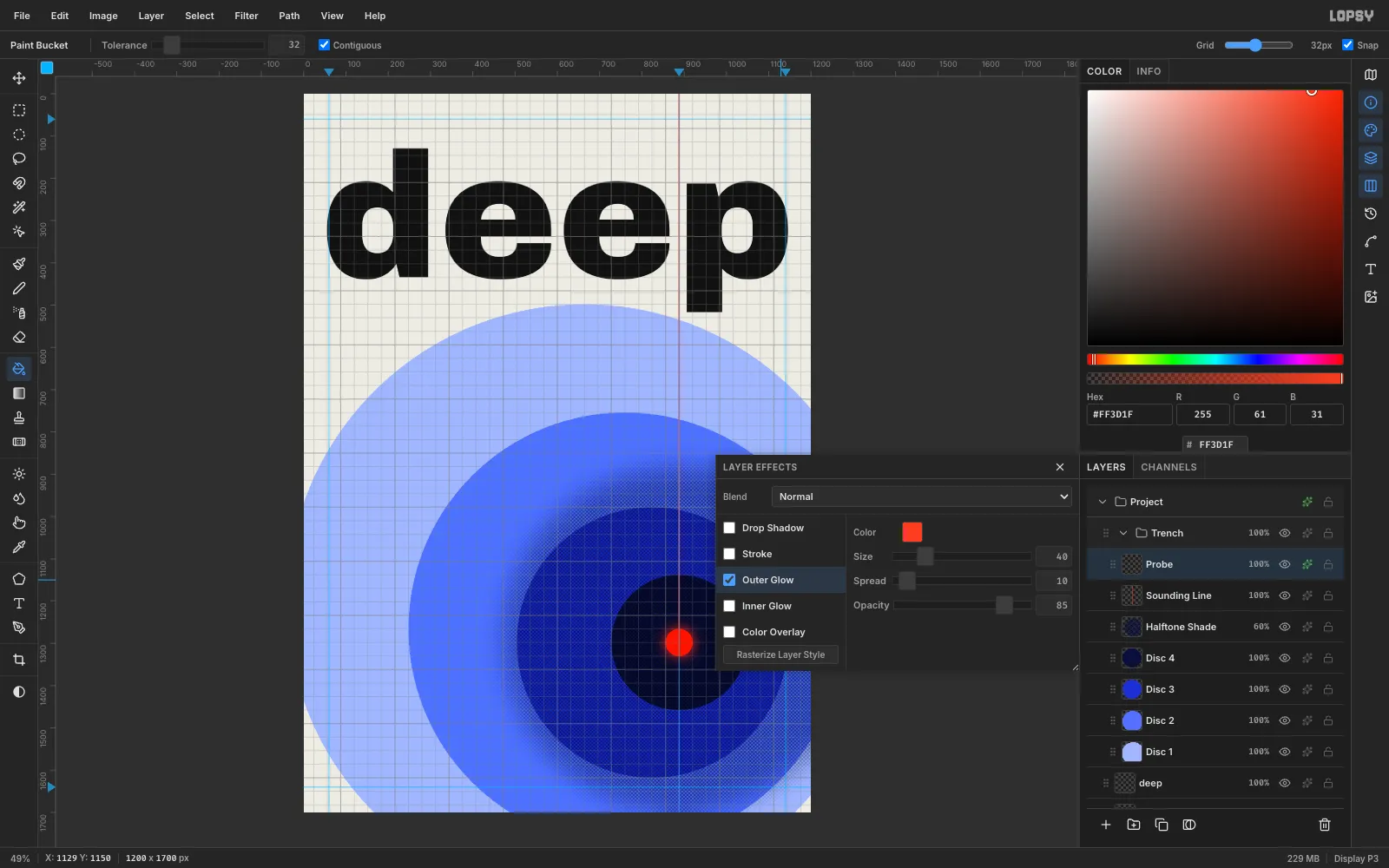 A red dot at the bottom of the line with a soft red outer glow, and the Layer Effects panel open