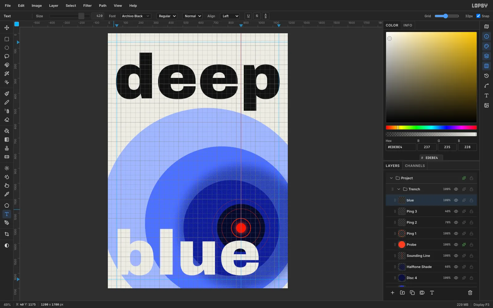 The word blue set in paper colour across the bottom of the discs, reading as a knockout