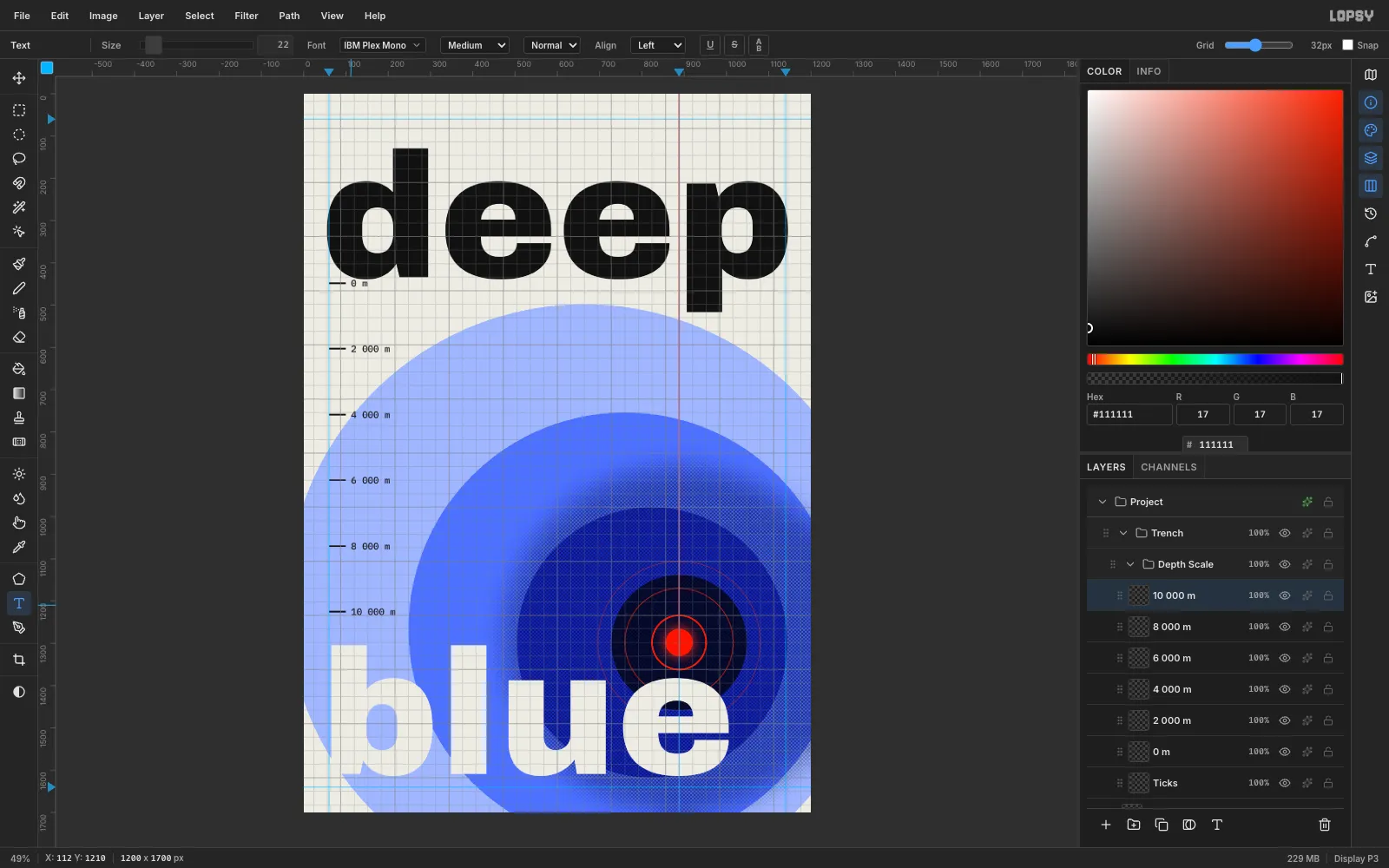 Monospaced depth labels from 0 m to 10 000 m next to each tick
