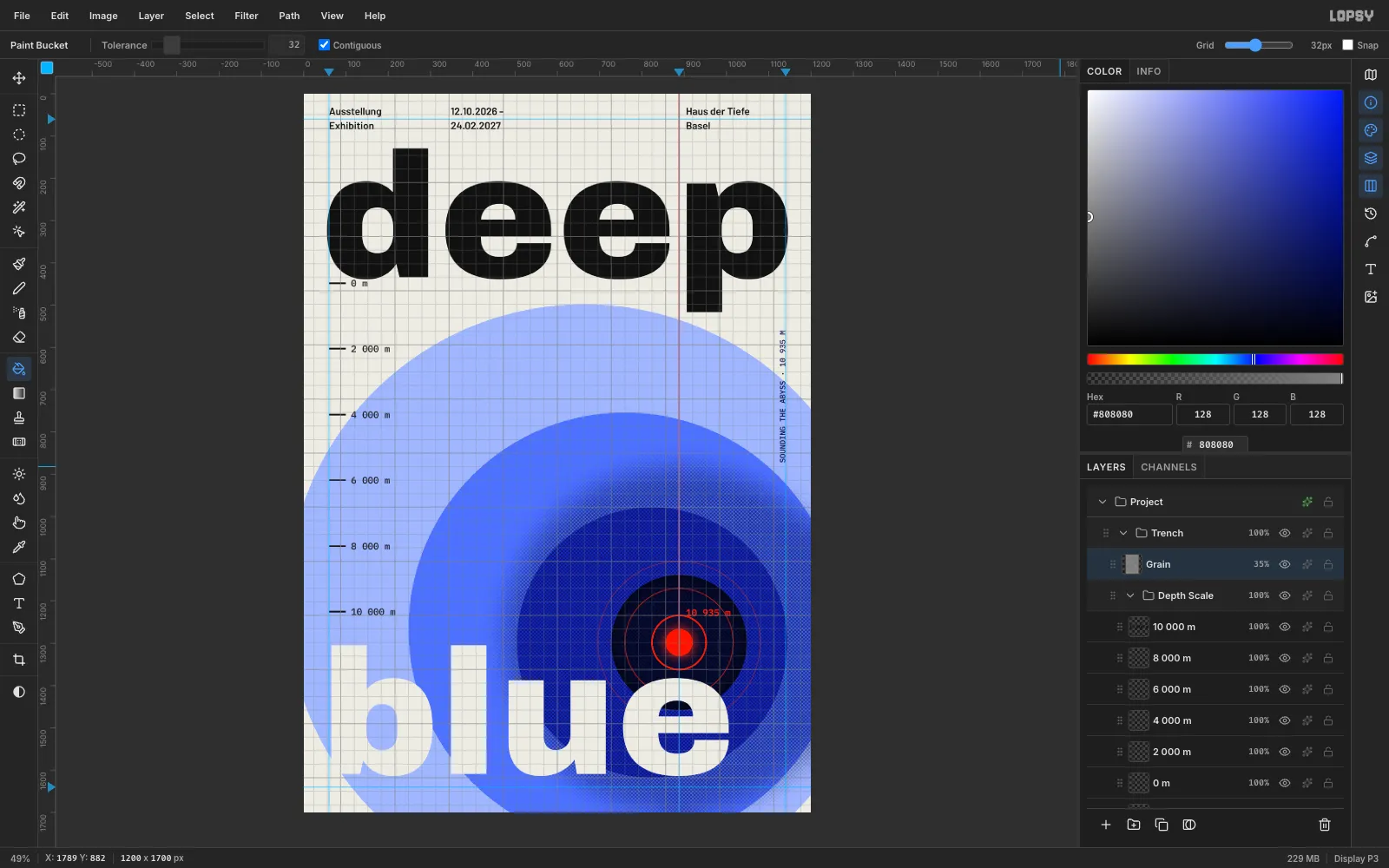 The finished poster with a subtle overlay grain, and the Grain layer at 35% opacity in the Layers panel