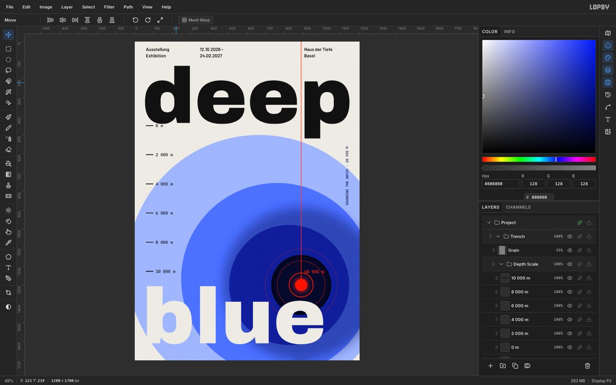 Lopsy showing the finished deep blue poster, with a huge black deep headline, a red sounding line dropping into eccentric blue circles, a red probe with sonar rings and blue knocked out of the circles in paper colour