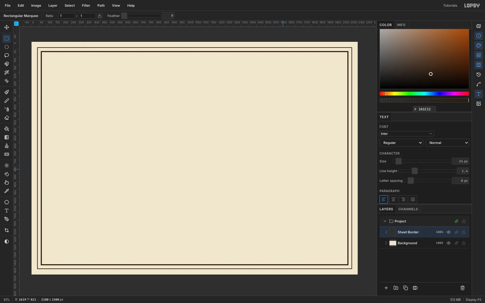 A 2100 by 1500 cream document with a thin outer rule and a thick inner rule drawn as a drawing-sheet border
