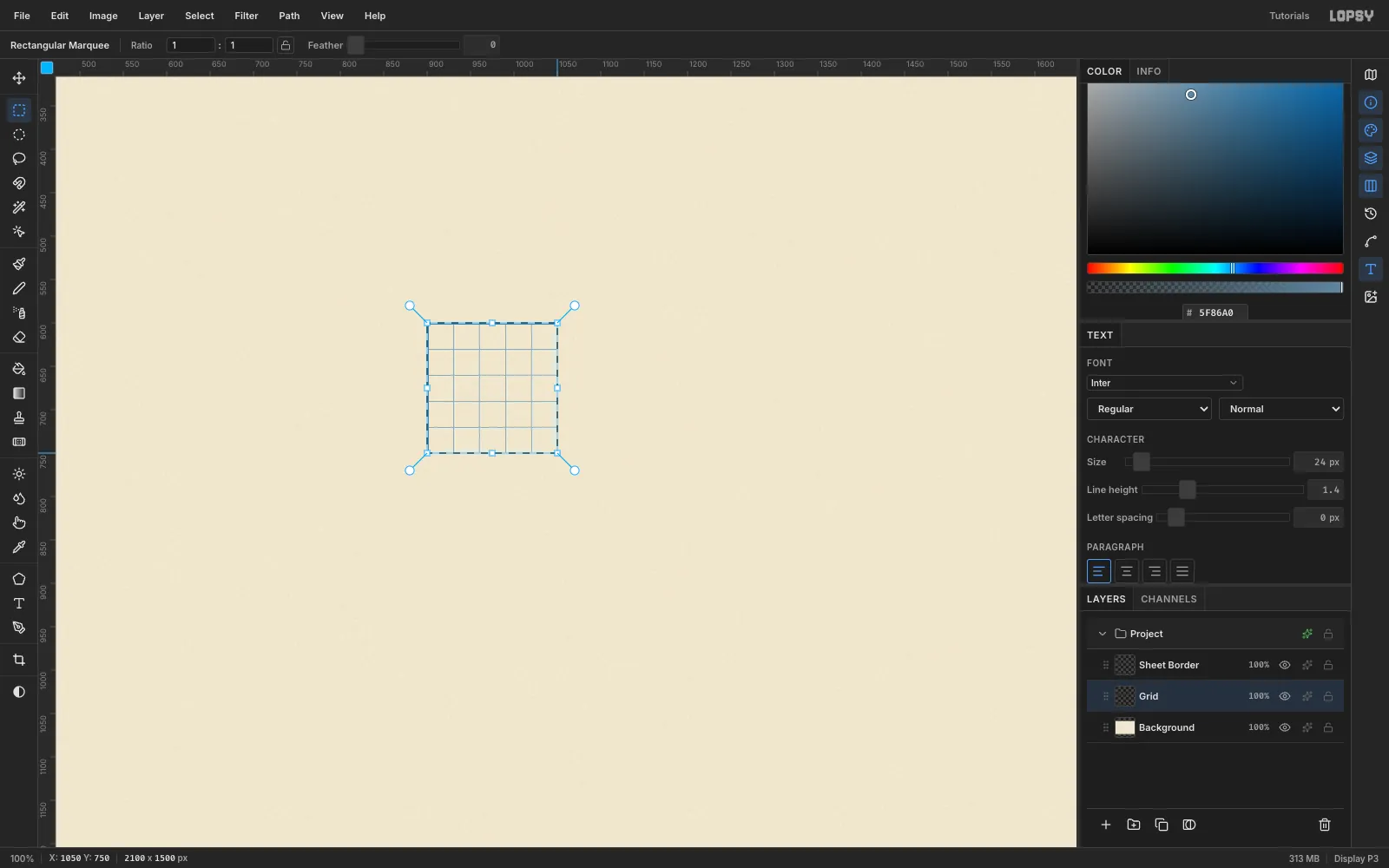 A 150 by 150 grid tile at 100% zoom, with thin blue-grey lines every 30 px and a darker two-pixel line on its top and left edges, selected by a marquee