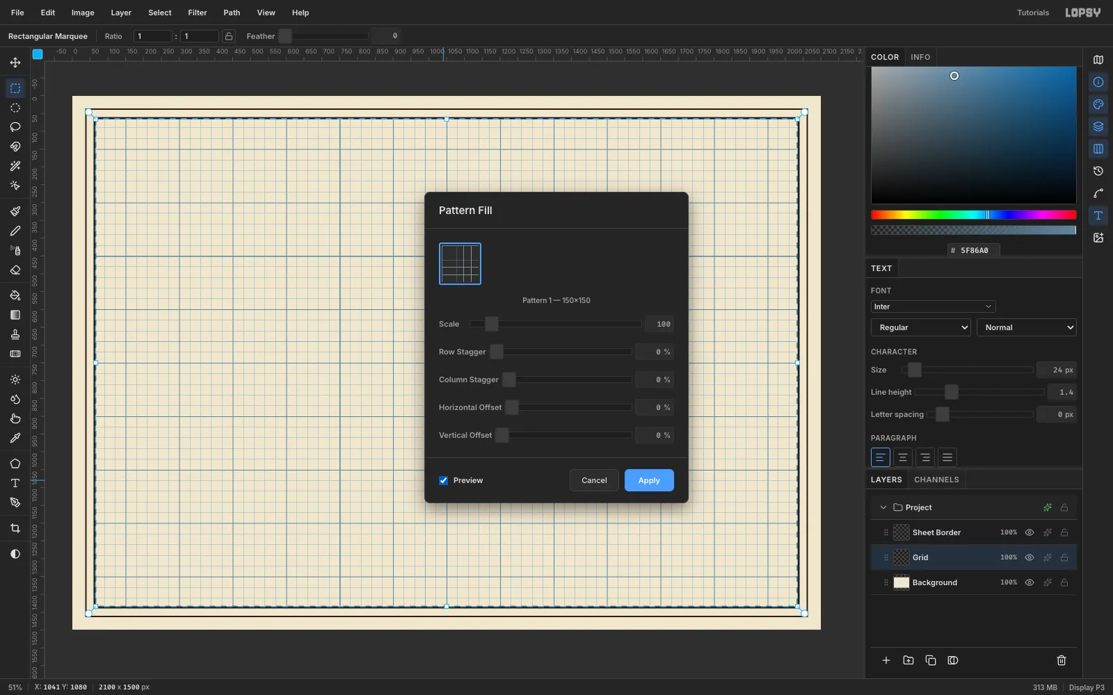 The Pattern Fill dialog with the 150 by 150 grid pattern selected and Preview on, showing grid lines filling the area inside the border