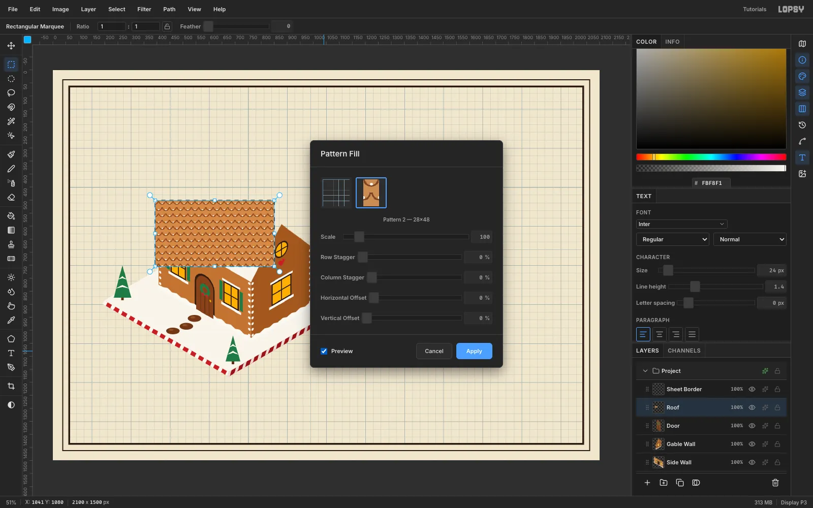 The Pattern Fill dialog with the new shingle pattern chosen, previewing rows of fish-scale shingles filling a flat roof rectangle above the house