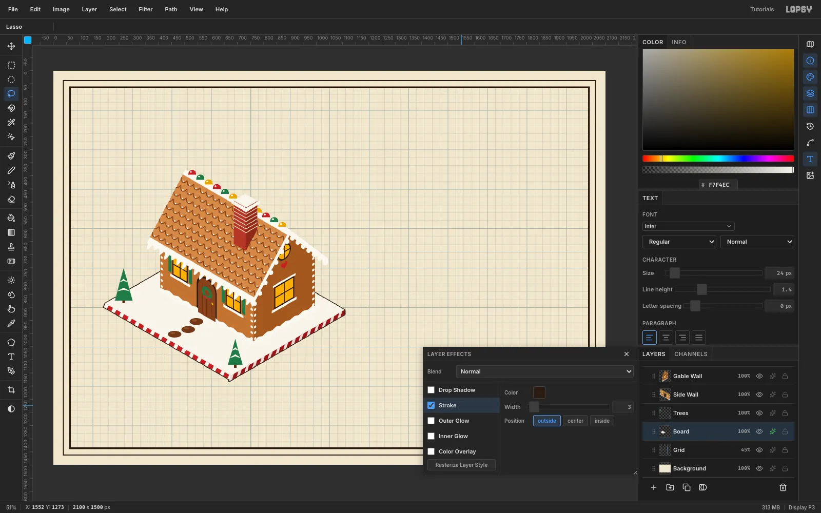 The Layer Effects drawer open on the Board layer with Stroke enabled, width 3, position outside, in dark ink, and every part of the assembled house now outlined