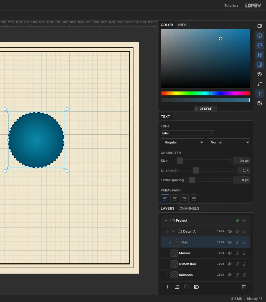A teal radial-gradient disc with a dark ink outline, drawn on the right side of the sheet, with the selection handles still showing