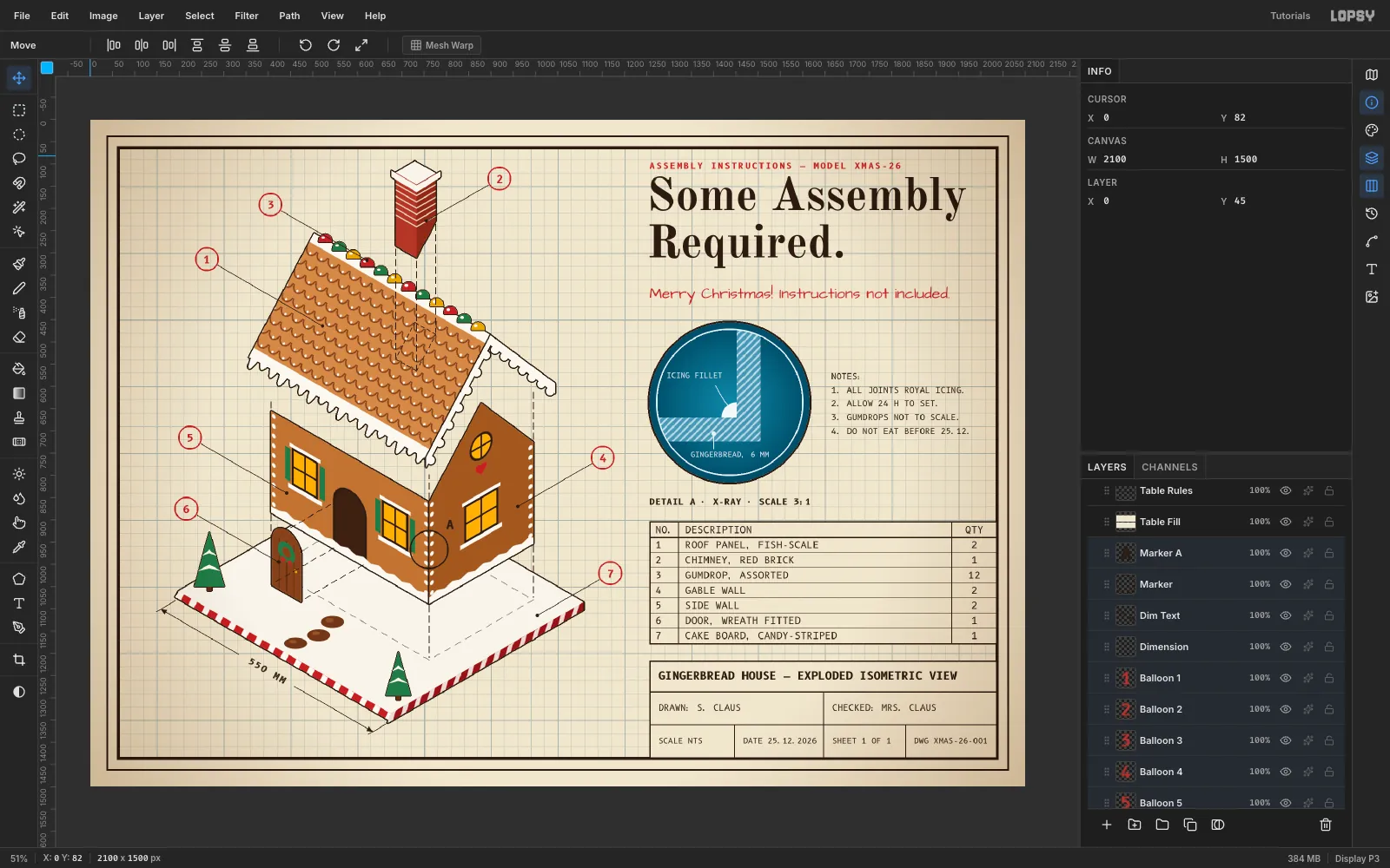 The Layers panel with House, Assembly Lines, the balloon layers, Dimension, Dim Text, Marker and Marker A all highlighted together for a single Move
