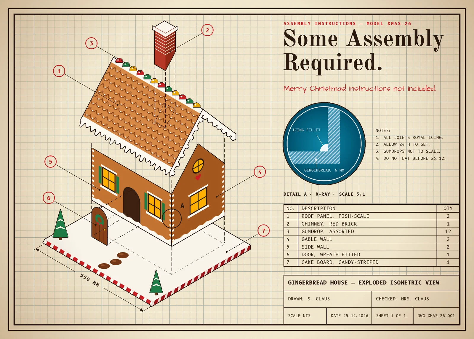 The finished technical-illustration Christmas card on cream graph paper with a double black border. On the left is an exploded isometric gingerbread house. The fish-scale roof, the red brick chimney and the door float away from the walls along dashed assembly lines, and the candy-striped cake board has dropped below. Seven red numbered balloons point at the parts, and a dimension line reads 550 MM. On the right, the headline Some Assembly Required. sits over the red line Merry Christmas! Instructions not included. Below it are a blue X-ray Detail A circle showing a hatched corner joint with an icing fillet, a notes list, a seven-row parts list and a title block signed S. Claus