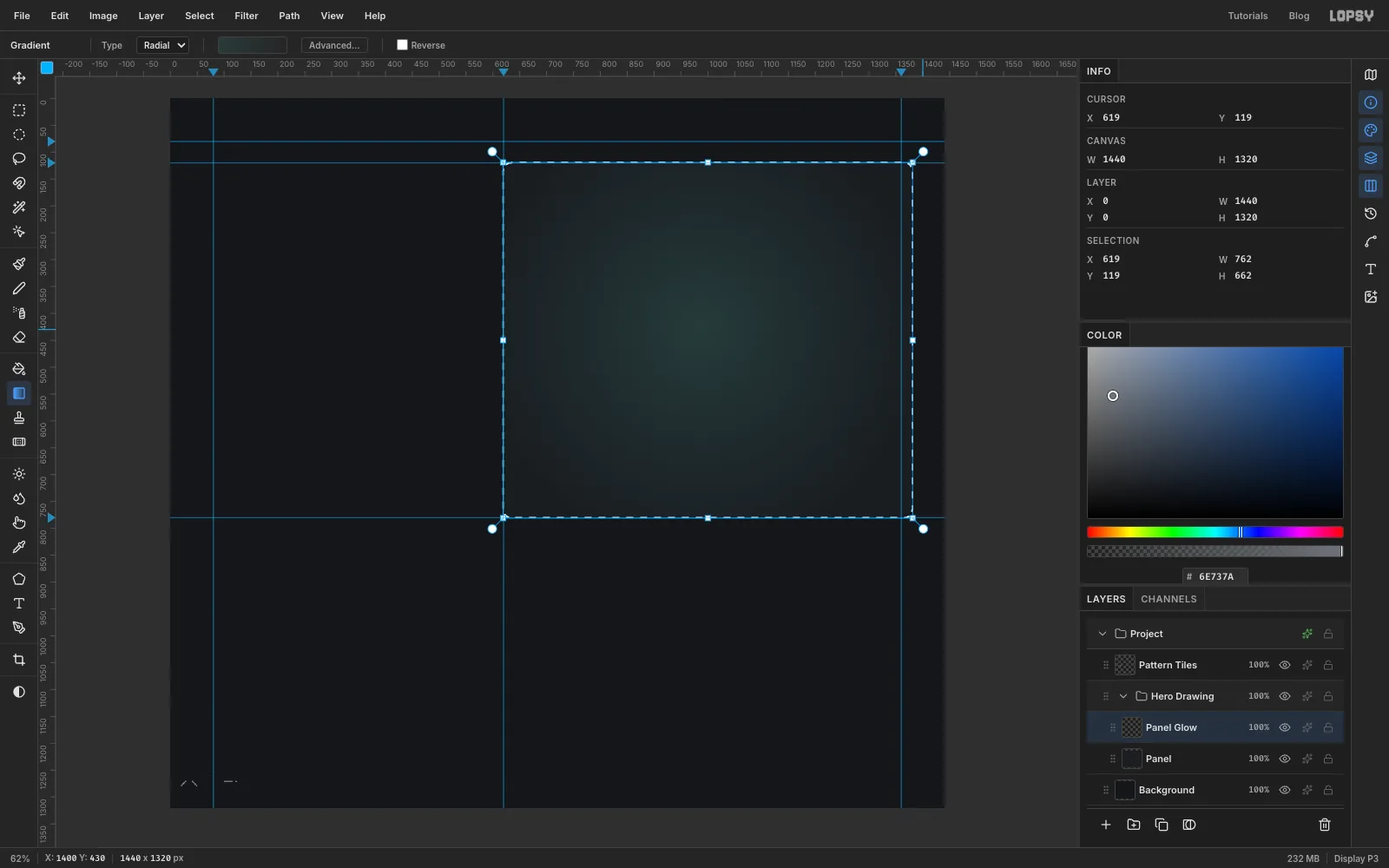 A rounded dark rectangle on the right side of the page with a soft teal radial glow in its middle, and its selection still active