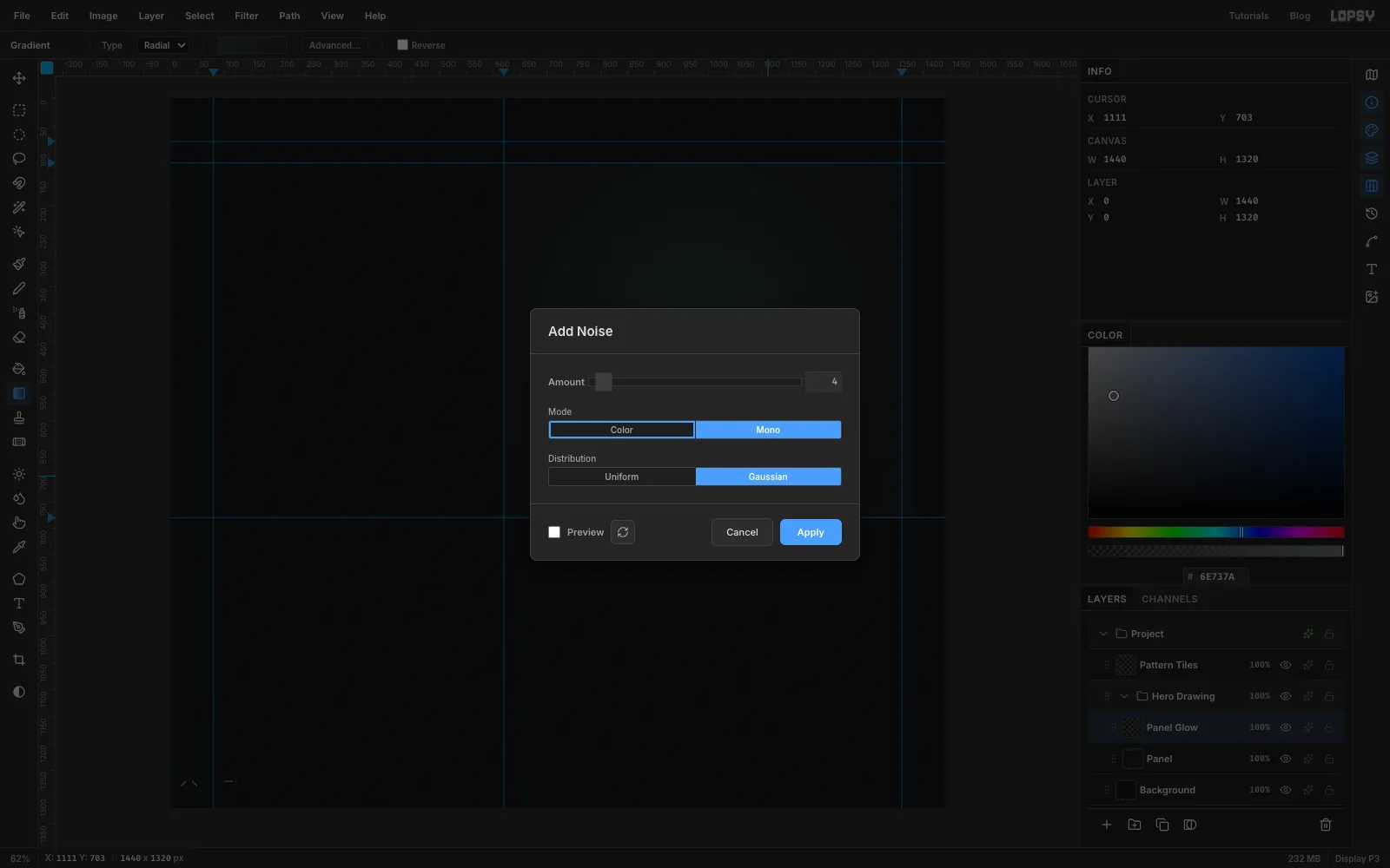 The Add Noise dialog set to Amount 4, Mono and Gaussian over the panel glow