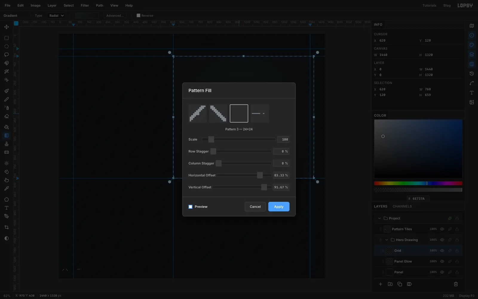 The Pattern Fill dialog with the 24 px grid tile chosen, Horizontal Offset 83.33% and Vertical Offset 91.67%, over the panel selection