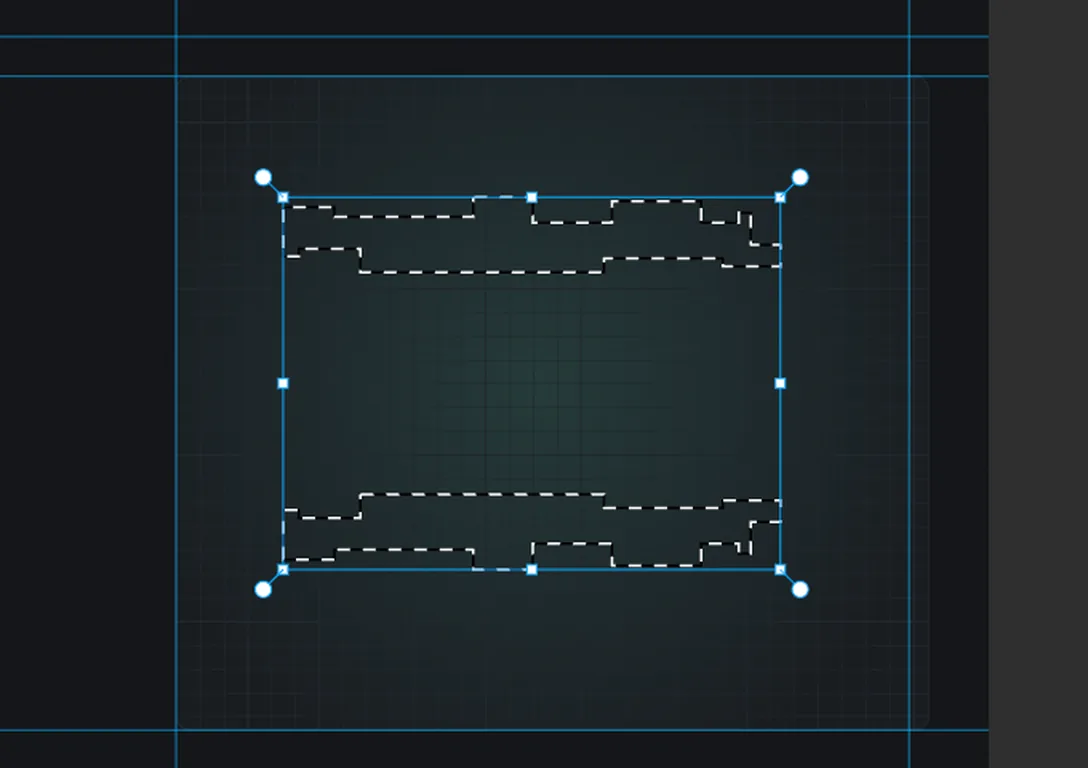 Two long stepped lasso selections, one above and one mirrored below, outlining the top and bottom walls of a lens barrel
