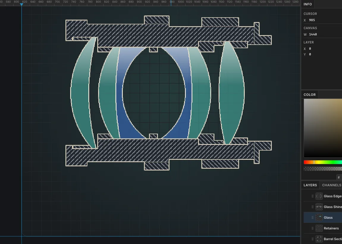 Six glass elements seated in the hatched barrel: teal crown elements and blue flint elements, each with a pale highlight at the top and a cream outline