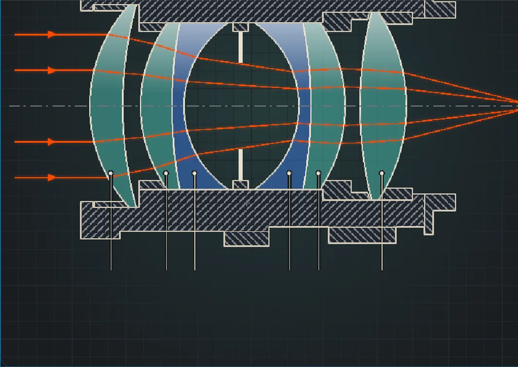 Six thin vertical leader lines dropping from dots on each glass element down through the hatched barrel