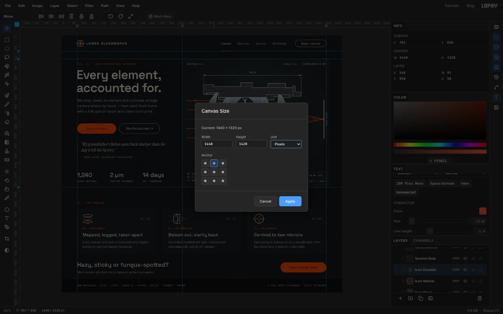 The Canvas Size dialog with the height raised to 1420 and the anchor set to the top centre, over the cramped first version of the page