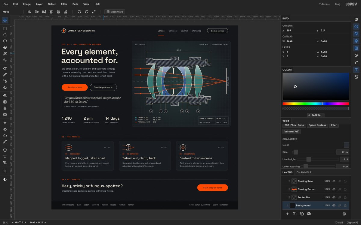 Lopsy showing the finished Lumen Glassworks landing page, a dark web page with a hatched cross-section of a camera lens and orange light rays in a gridded panel beside a large headline, with three process cards and a closing call to action below