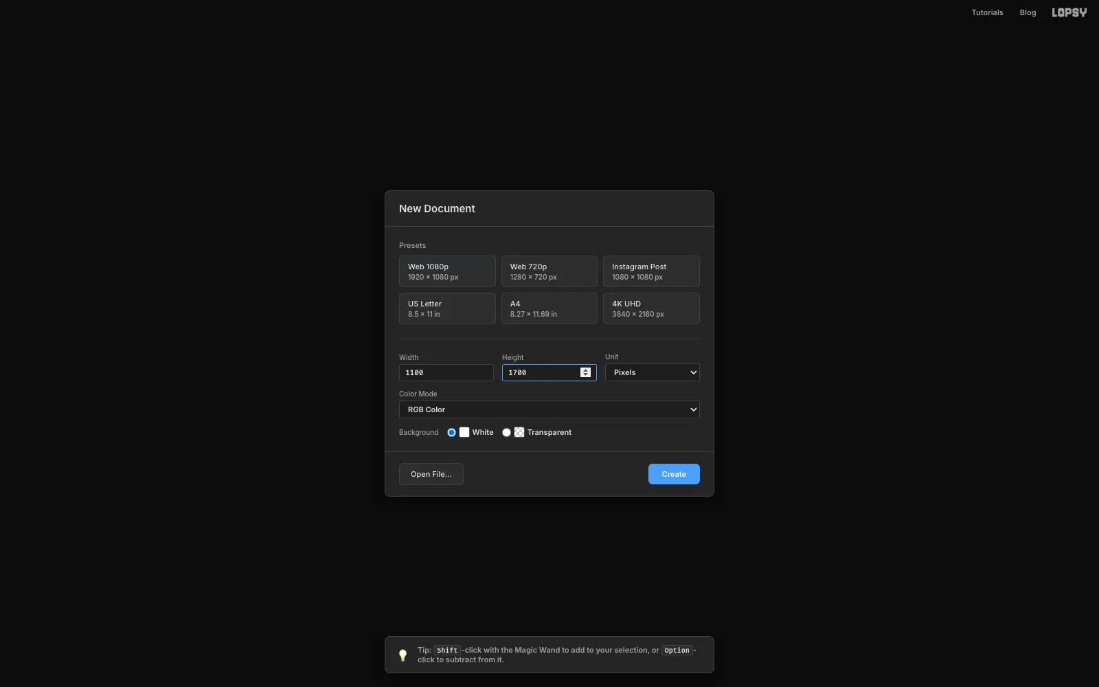 The New Document dialog with the size set to 1100 by 1700 pixels