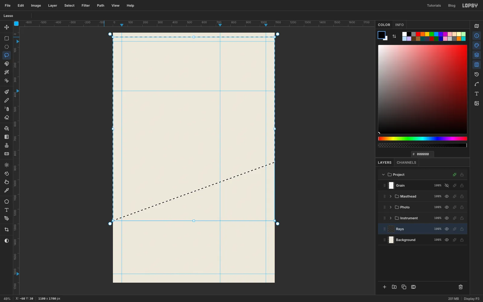 A lasso selection covering the top two thirds of the page, with its lower edge slanting down from right to left