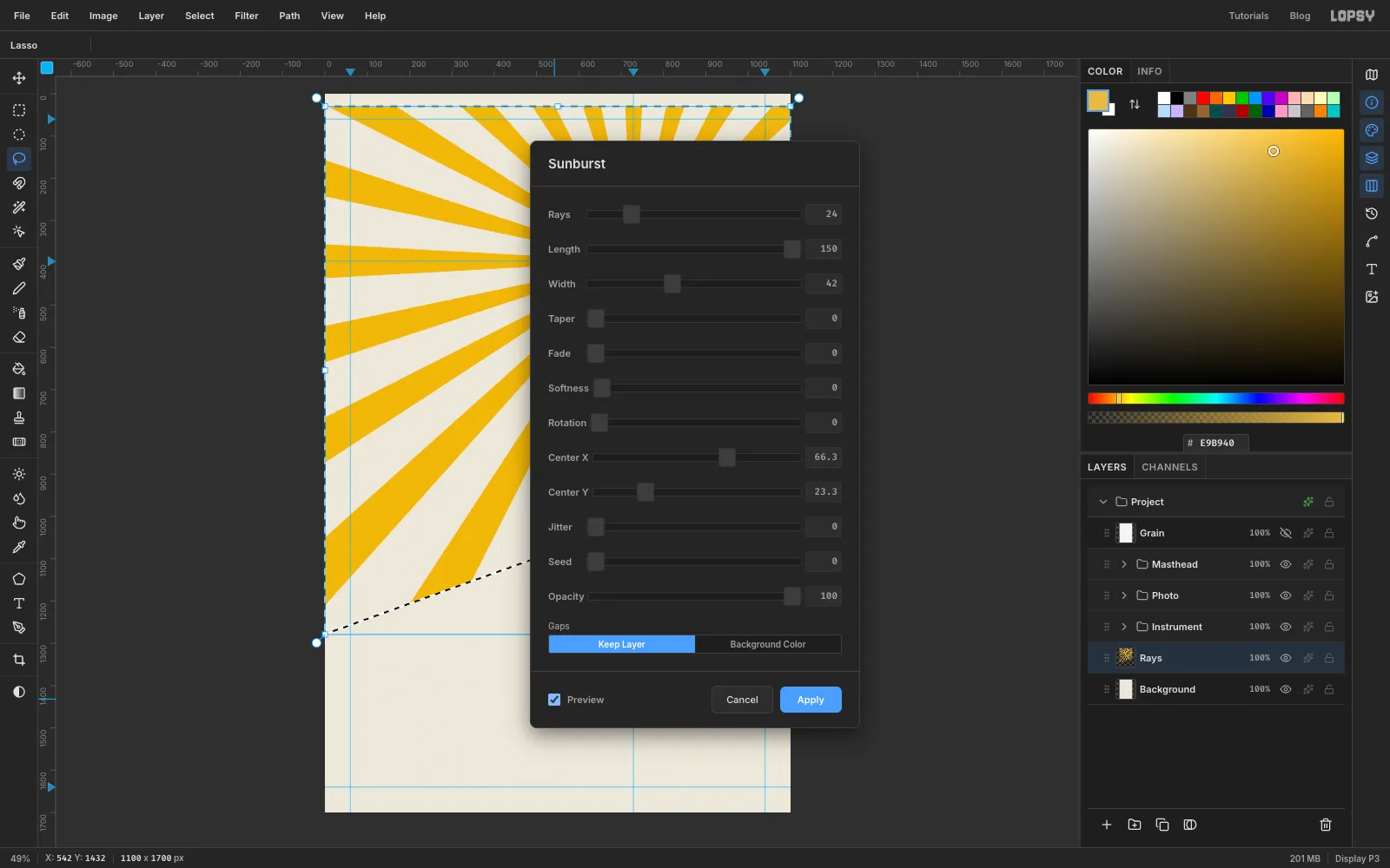The Sunburst dialog with 24 rays, length 150, width 42 and the centre at 66.3 and 23.3 percent