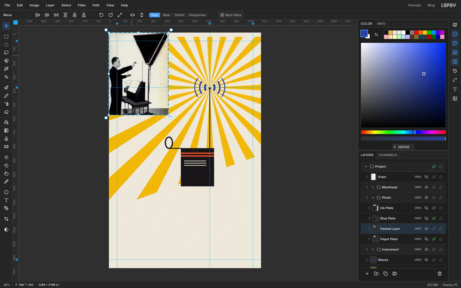 The Theremin photo pasted at its original small size in the top-left corner, inside a transform box