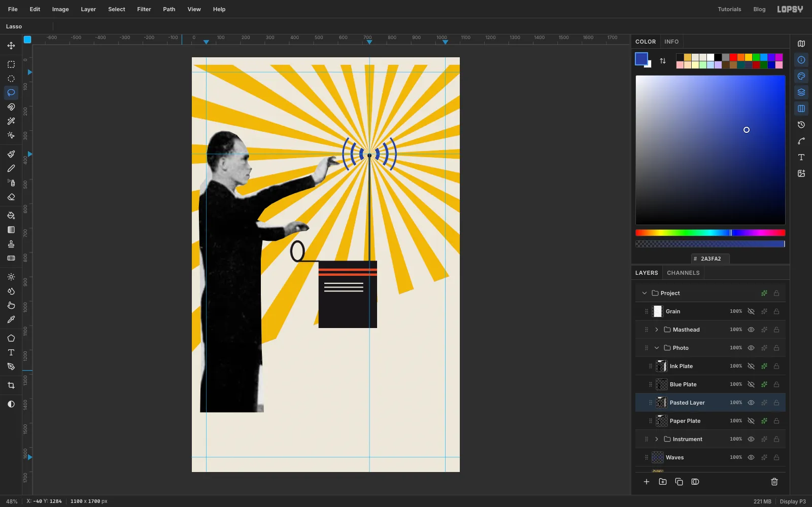 The cut-out grey photo of Theremin standing in front of the yellow rays and the drawn instrument