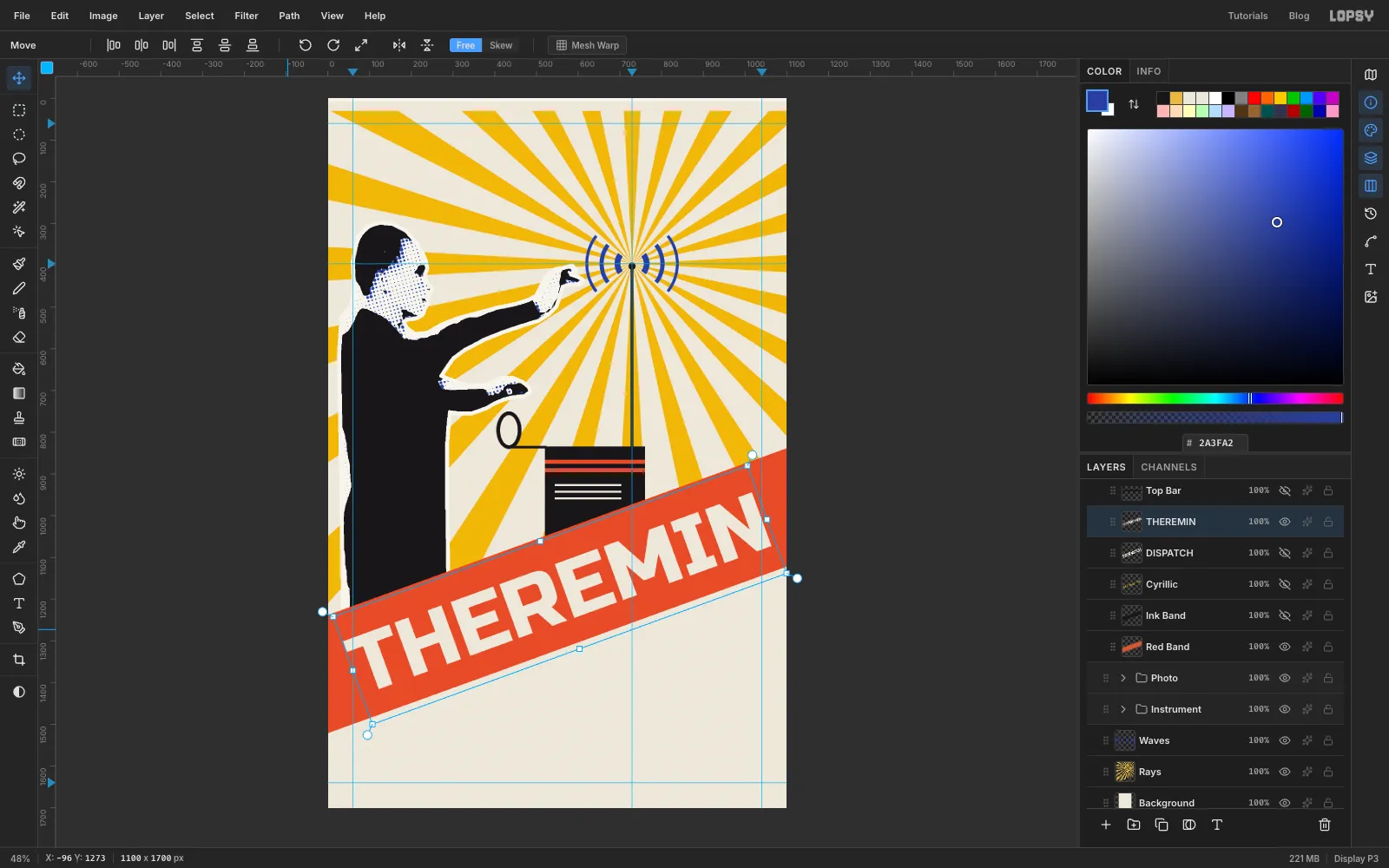THEREMIN in huge cream capitals rotated along the vermilion band, with the rotated transform box around it