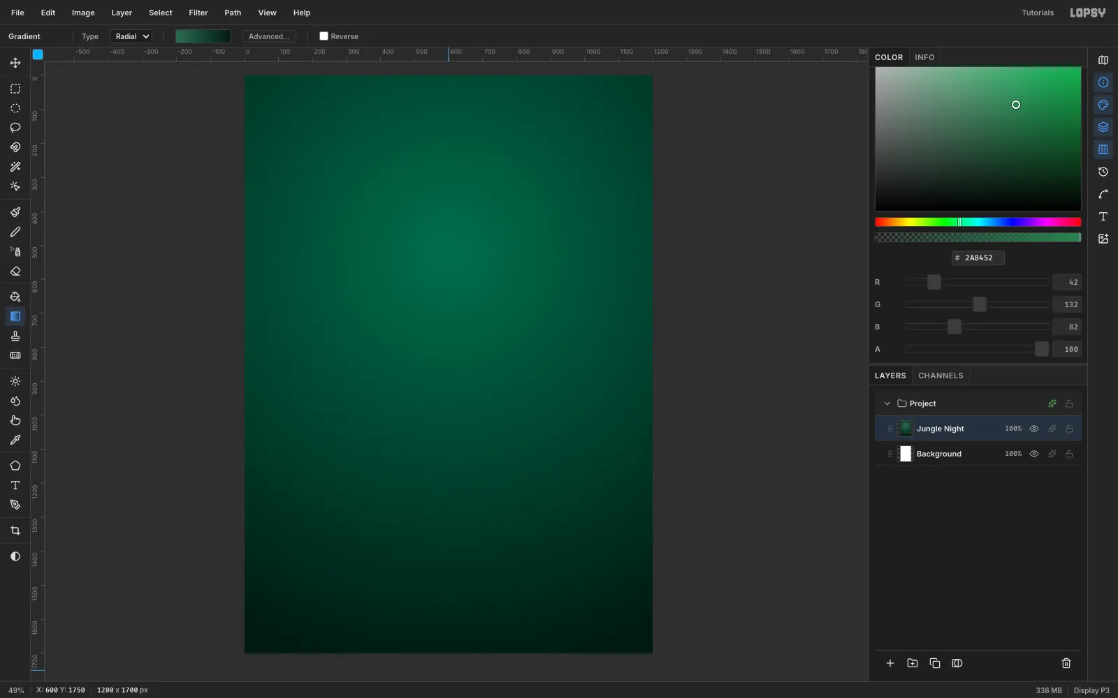 A new 1200 by 1700 document filled with a radial gradient that glows mid-green near the top and fades to near-black green at the corners