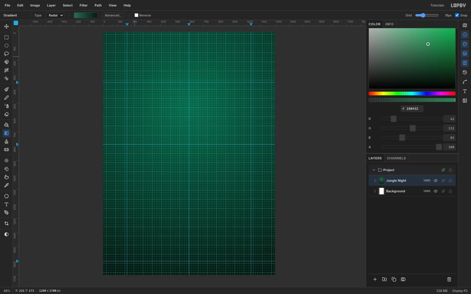 The dark green document with a 16 pixel grid shown and blue guides at x 168, 600 and 1032 and y 354, 786 and 1602