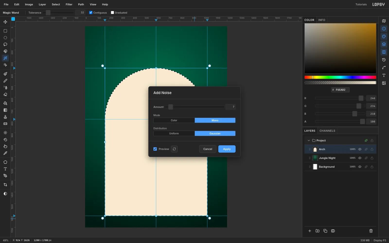 The Add Noise dialog with Mono and Gaussian selected over the cream arch, which is selected with the Magic Wand