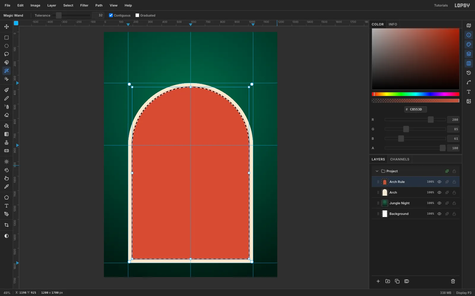The arch selection shrunk by 22 pixels and filled terracotta on a new Arch Rule layer, now shrunk again by 4 pixels