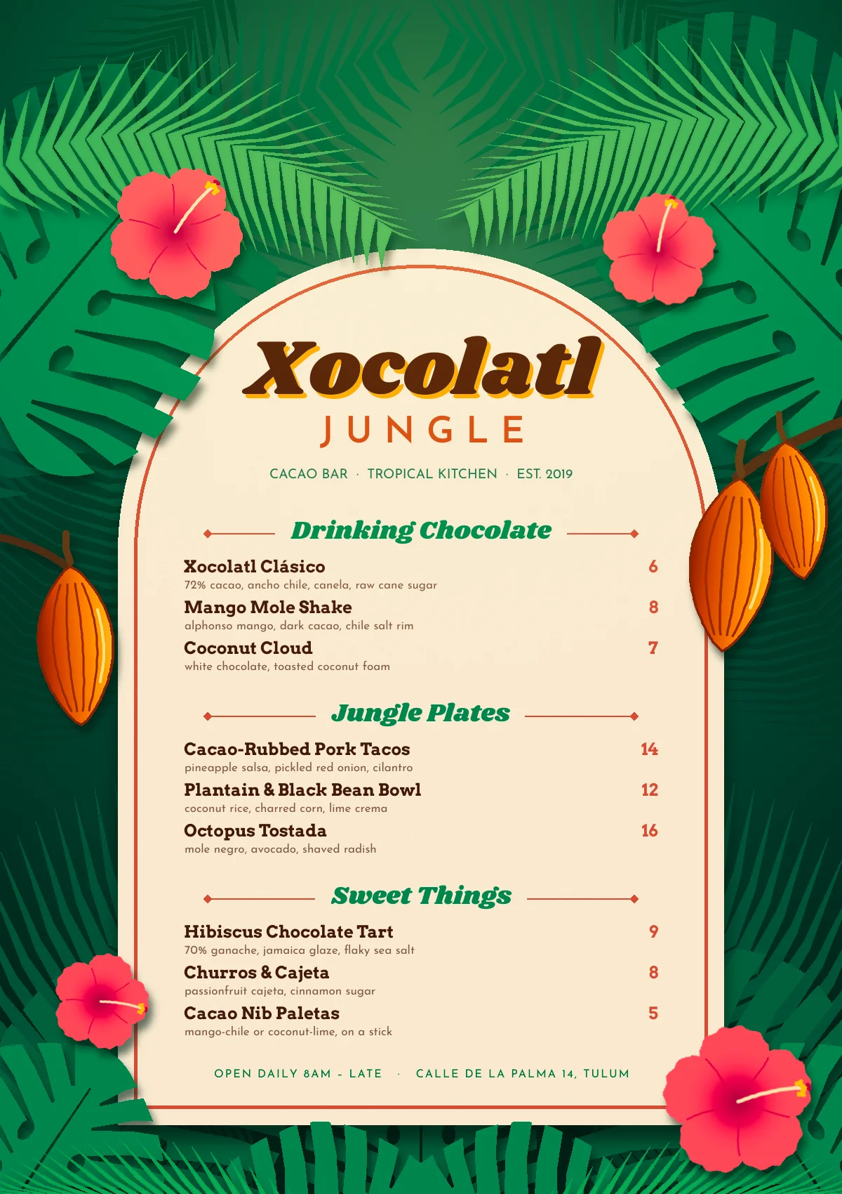 The finished Xocolatl Jungle menu. A cream arch holds the brown Shrikhand title Xocolatl with a mango drop shadow, JUNGLE in spaced coral capitals, and three sections (Drinking Chocolate, Jungle Plates, Sweet Things) with bold item names, small descriptions and coral prices. Layered paper-cut monstera leaves and palm fronds, four hibiscus flowers and three cacao pods frame the card on dark green