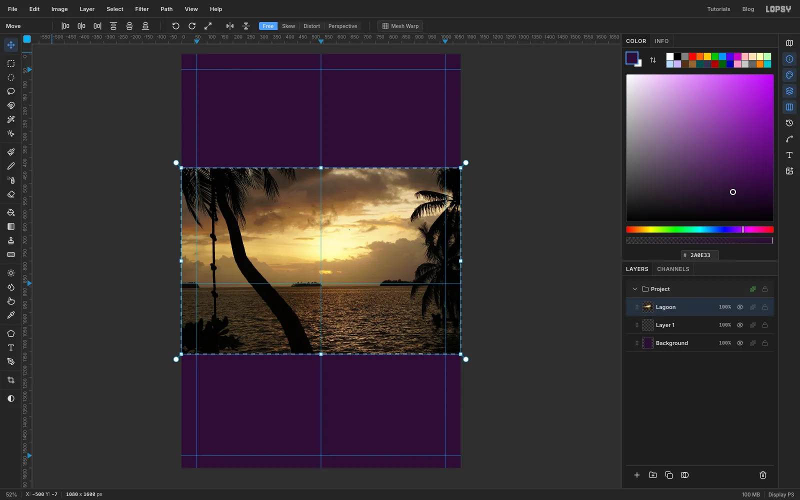 The atoll sunset photo on the canvas, fitted to the width, with its transform handles showing