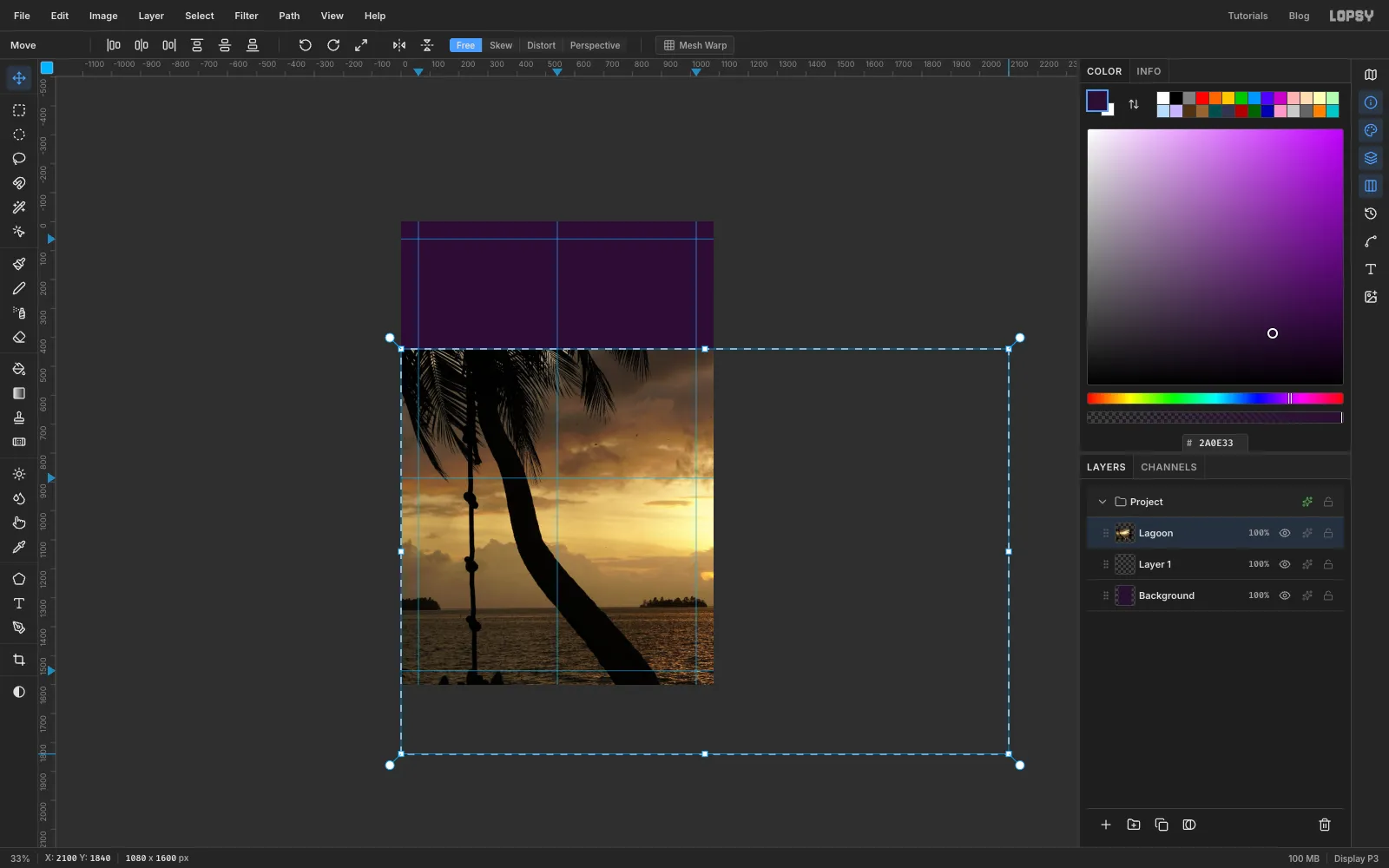 The photo enlarged to about 2100 pixels wide with the Move tool's corner handle, hanging past the canvas