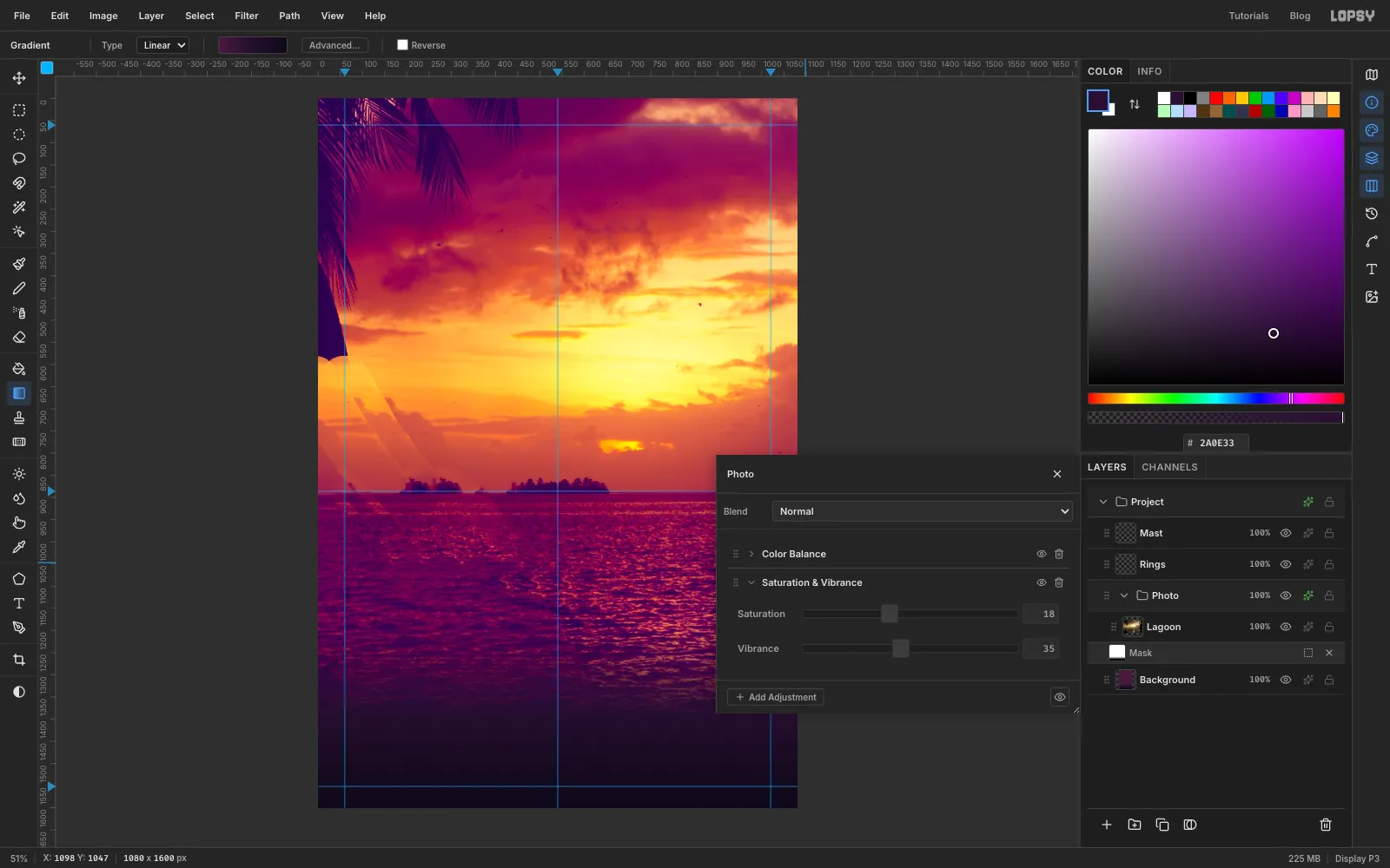 The Photo group's adjustment drawer with Color Balance and Saturation and Vibrance, and the sunset now magenta and gold