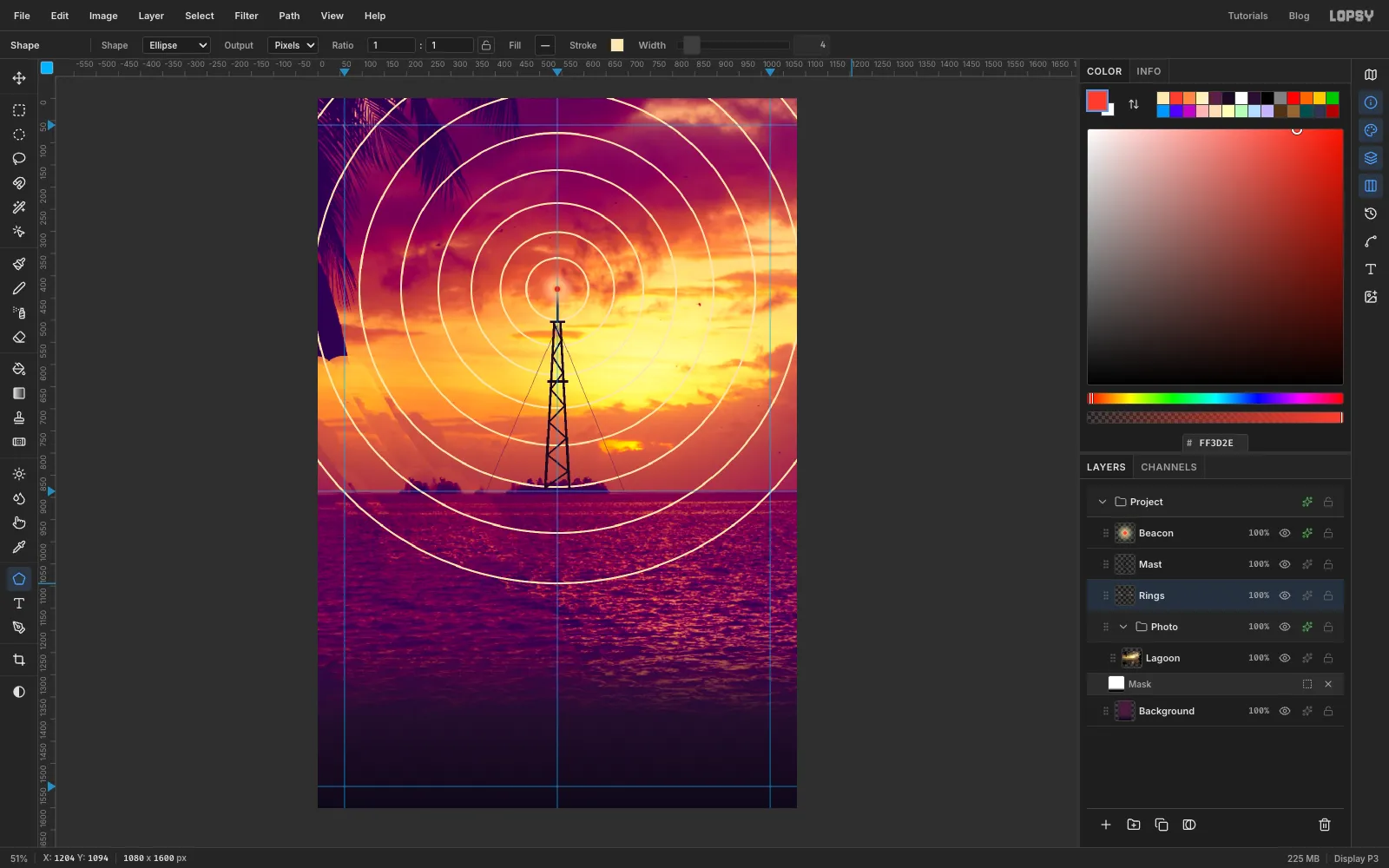 Eight cream circles drawn from the beacon with the Shape tool, the outer ones running off the canvas