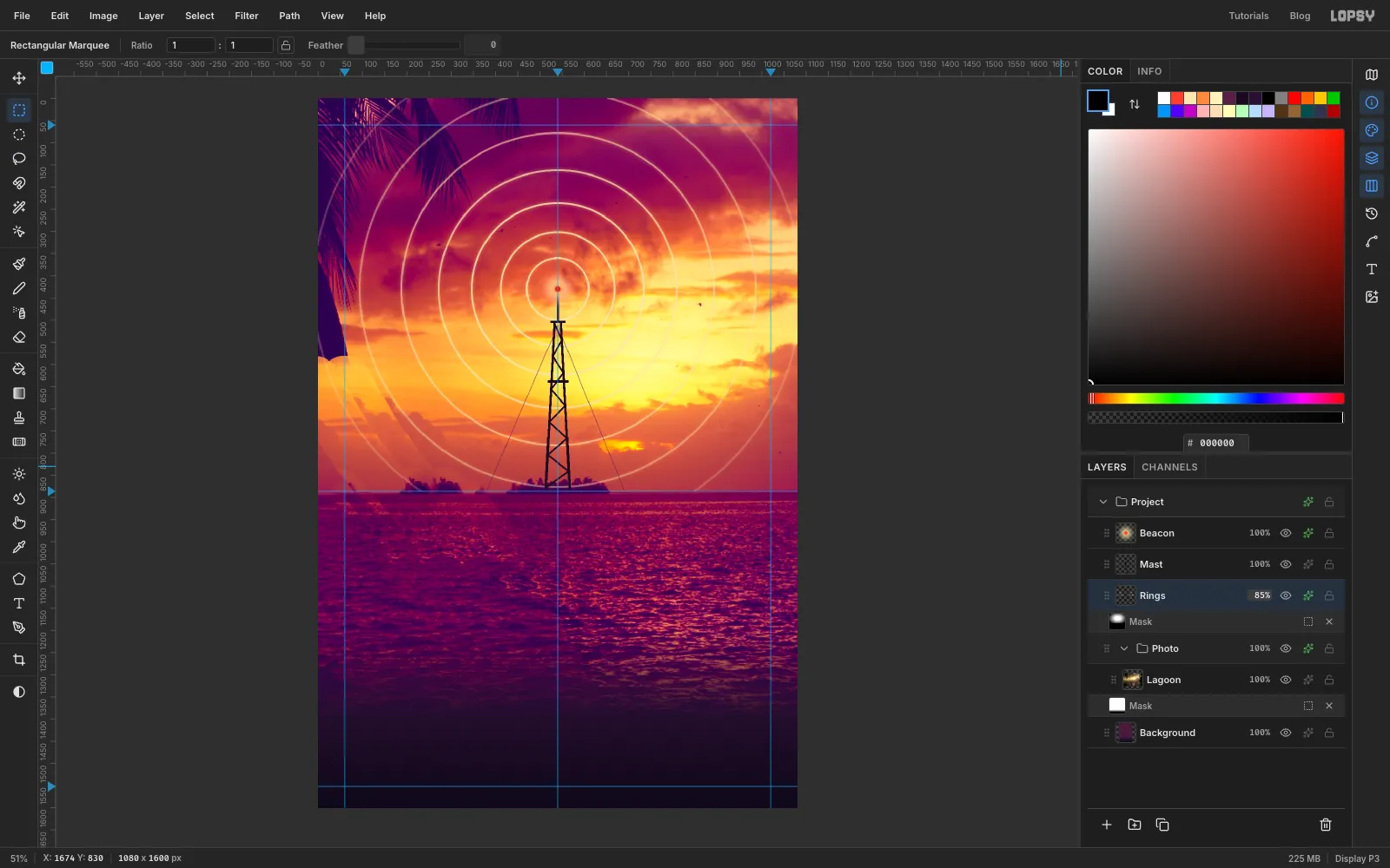 The signal rings fading out away from the mast and stopping at the horizon
