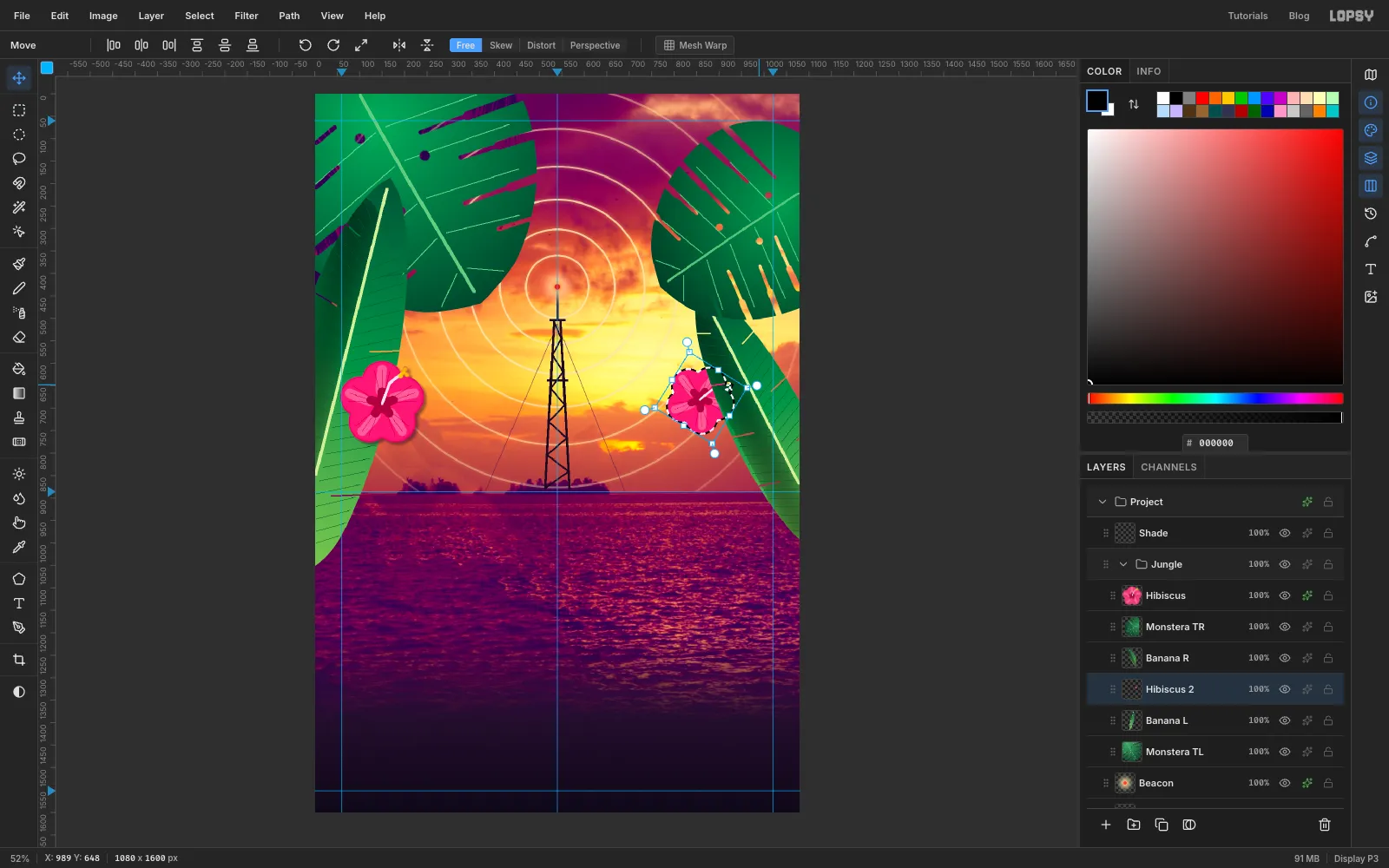 A copy of the hibiscus, shrunk and rotated 32 degrees inside the Move tool's transform box beside the right-hand banana leaf