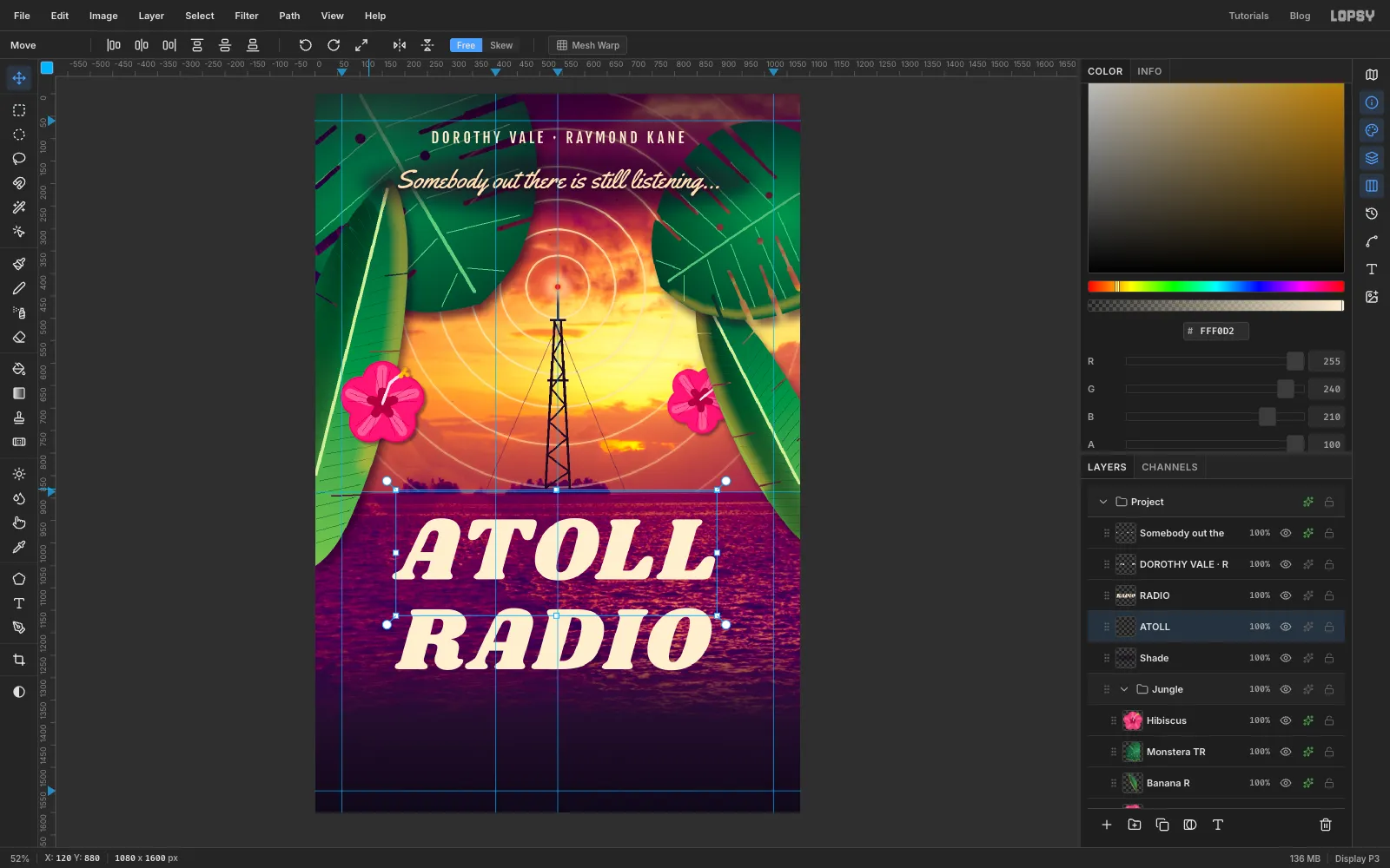 ATOLL and RADIO set in cream Shrikhand as two text layers over the sea