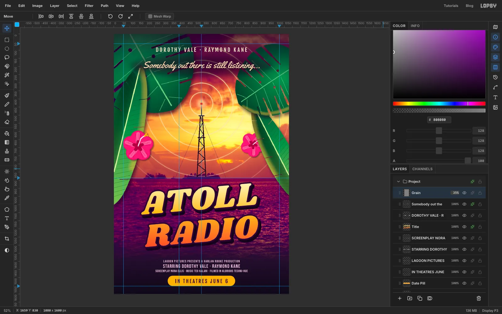 A grey noise layer set to Overlay at 35% over the whole poster