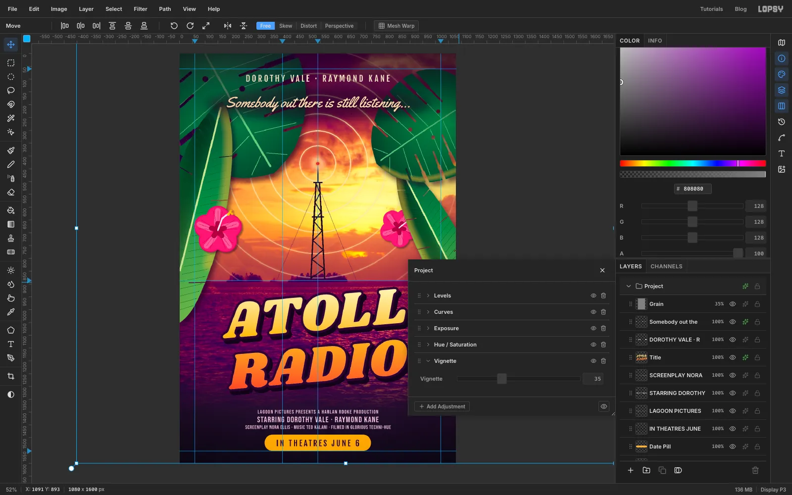 The document's adjustment drawer with a Vignette node darkening the corners of the poster