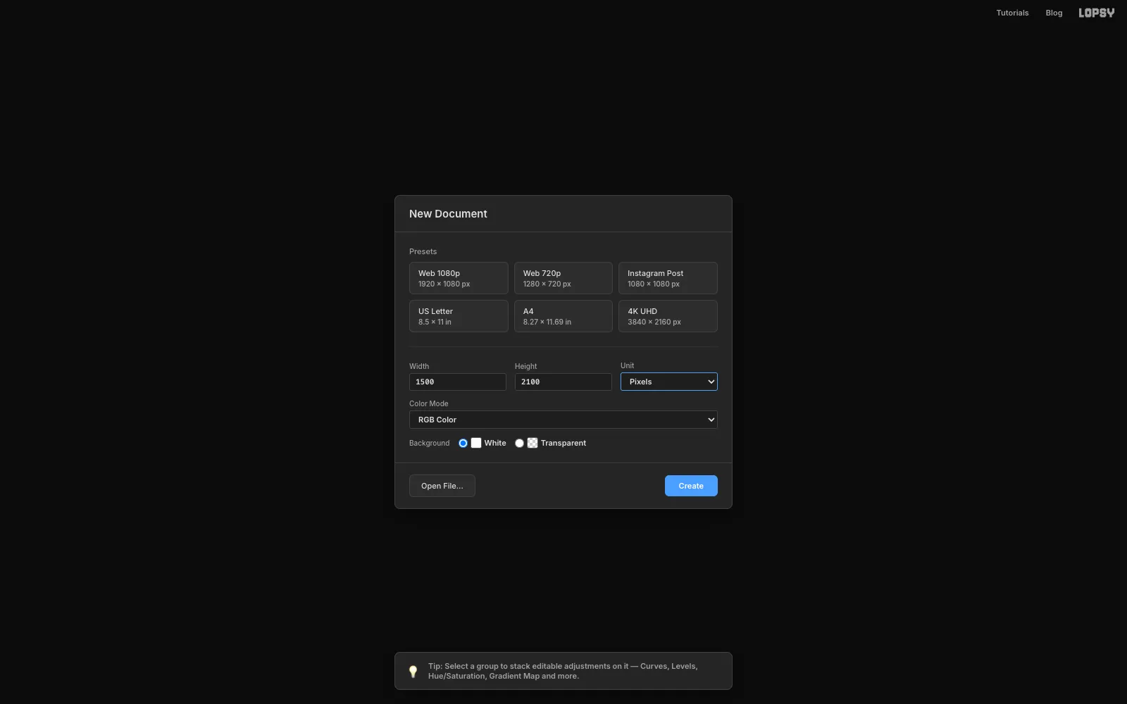 The New Document dialog with Width 1500, Height 2100, Pixels and a white background