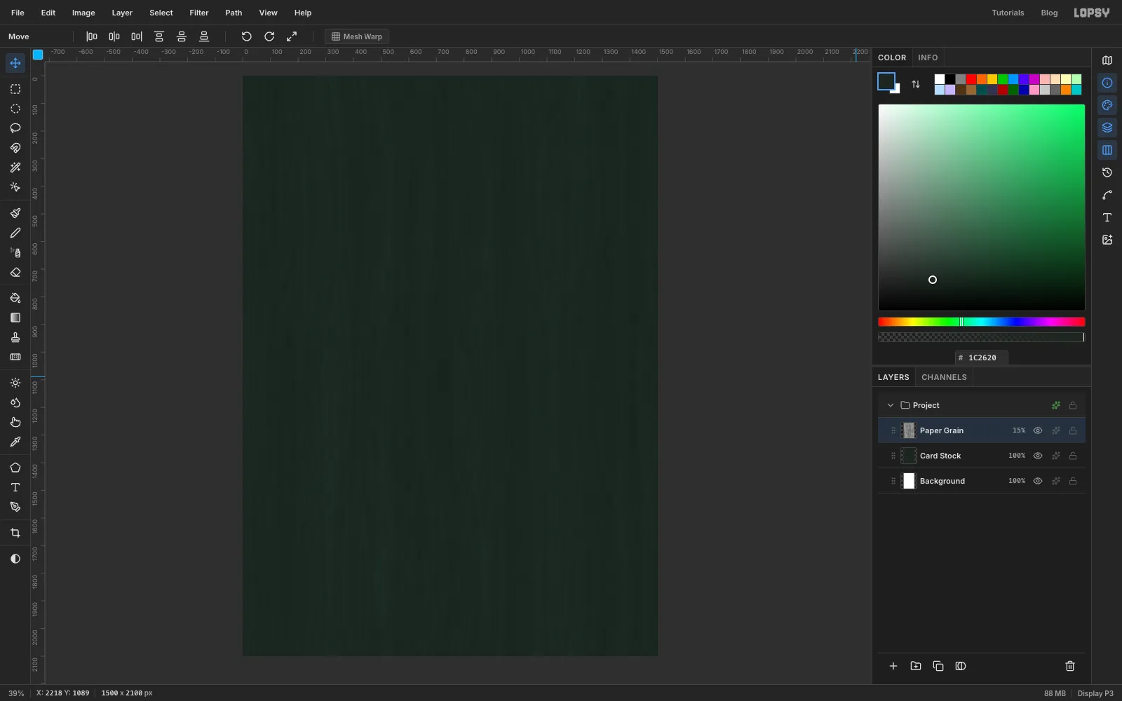 The green card now shows faint vertical fibre streaks
