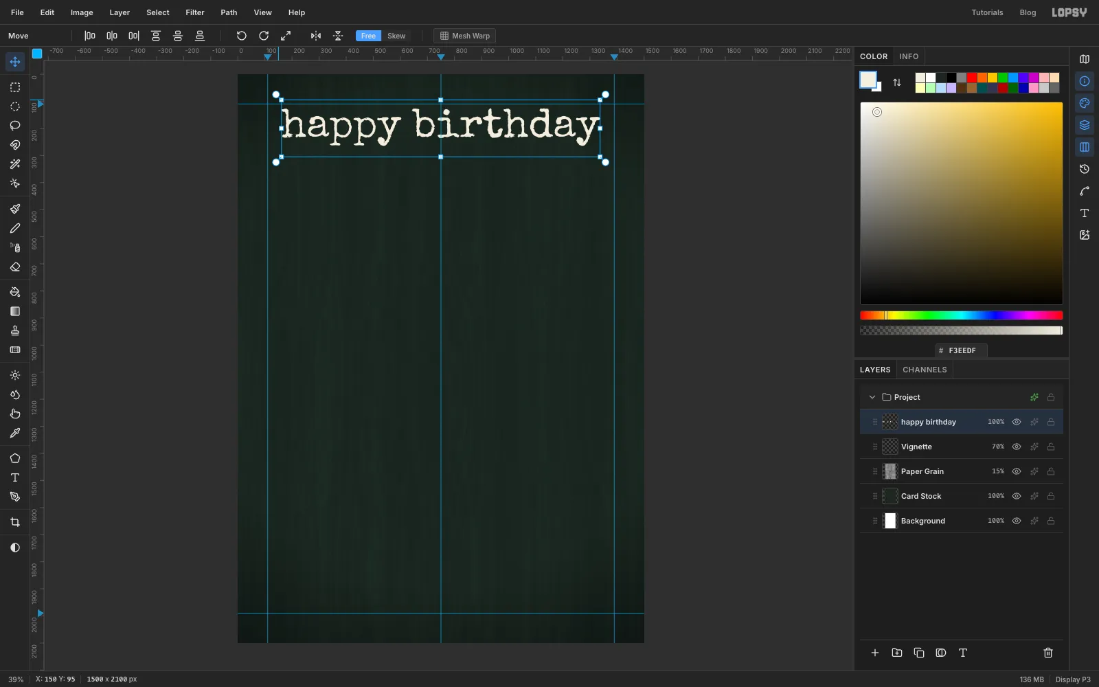 The words happy birthday in large cream typewriter letters centred across the top of the card
