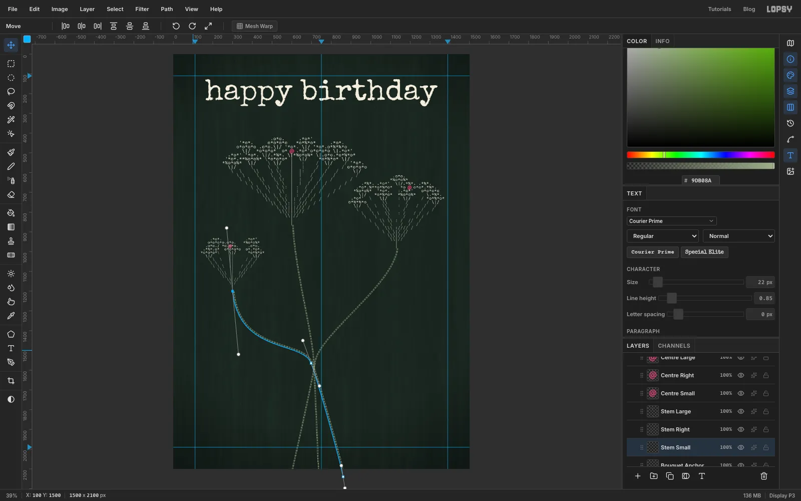 All three stems drawn as double rows of sage-green equals signs following the curved paths and crossing below the middle of the card