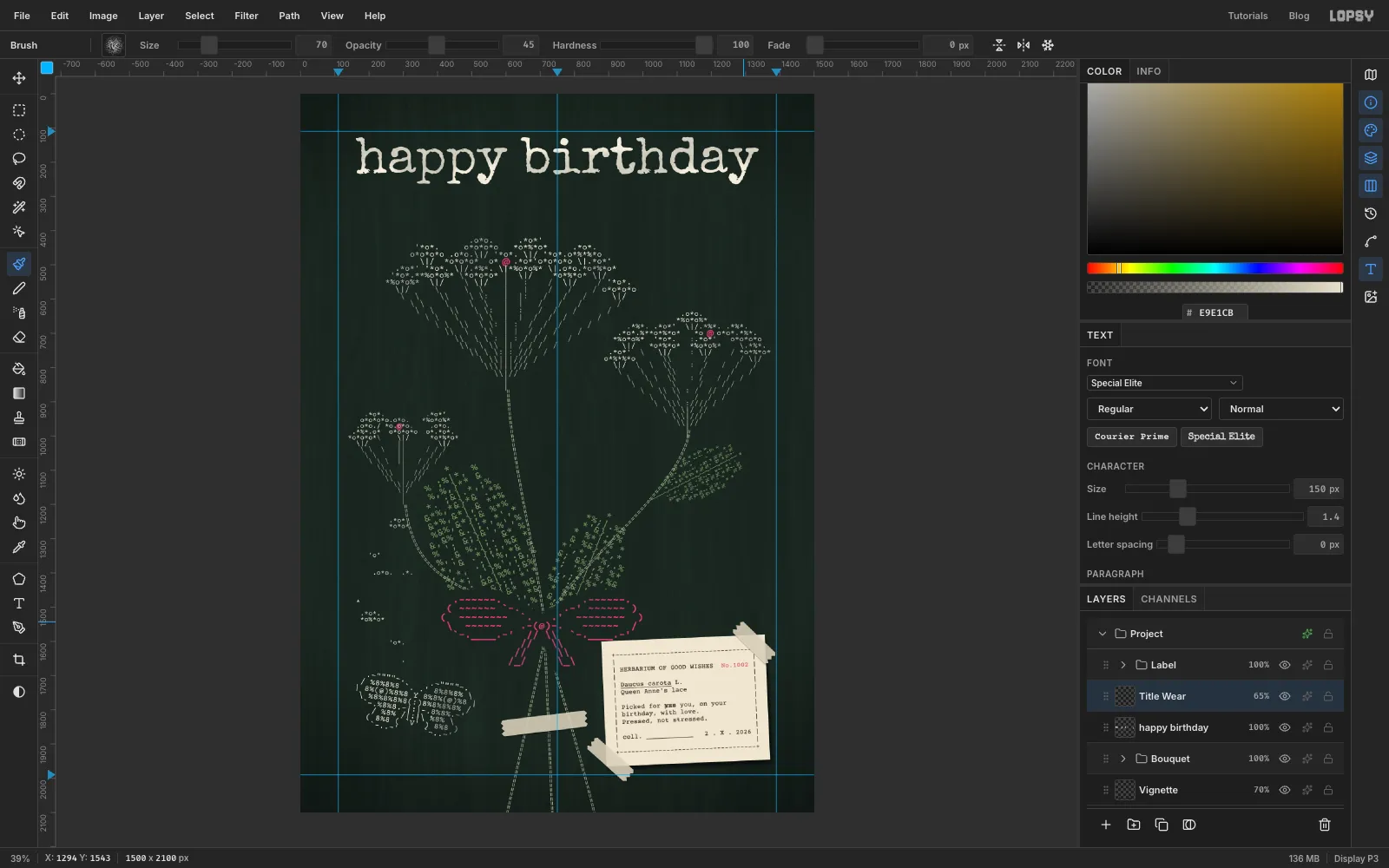 The finished card in Lopsy: translucent torn tape on the label's top-right and bottom-left corners, and a third strip holding the three stems together below the bow
