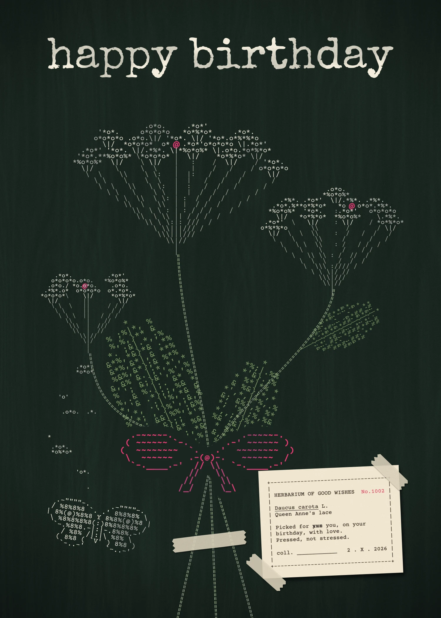 The finished birthday card. On dark green card, "happy birthday" in worn typewriter letters runs across the top. Below, three Queen Anne's lace flower heads are typed in cream characters, each a flat cap of small clusters with one raspberry @ floret in the middle and thin slash rays running down to a stem. The stems are rows of equals signs that curve down to a raspberry bow and run off the bottom edge, with feathery leaves of percent and ampersand signs. A typed moth flies up towards falling florets on the left. A cream herbarium label taped at the bottom right reads HERBARIUM OF GOOD WISHES No.1002, Daucus carota L., Queen Anne's lace, with a typo struck out in x's
