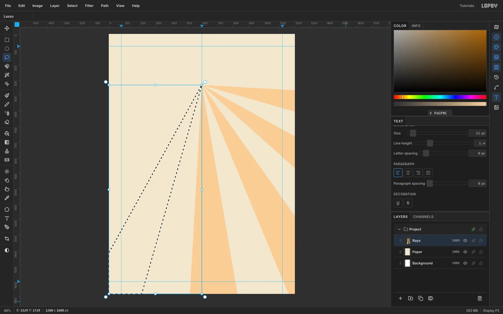 A long lasso wedge running from a point behind the headline out past the left edge of the canvas, with seven peach rays already filled