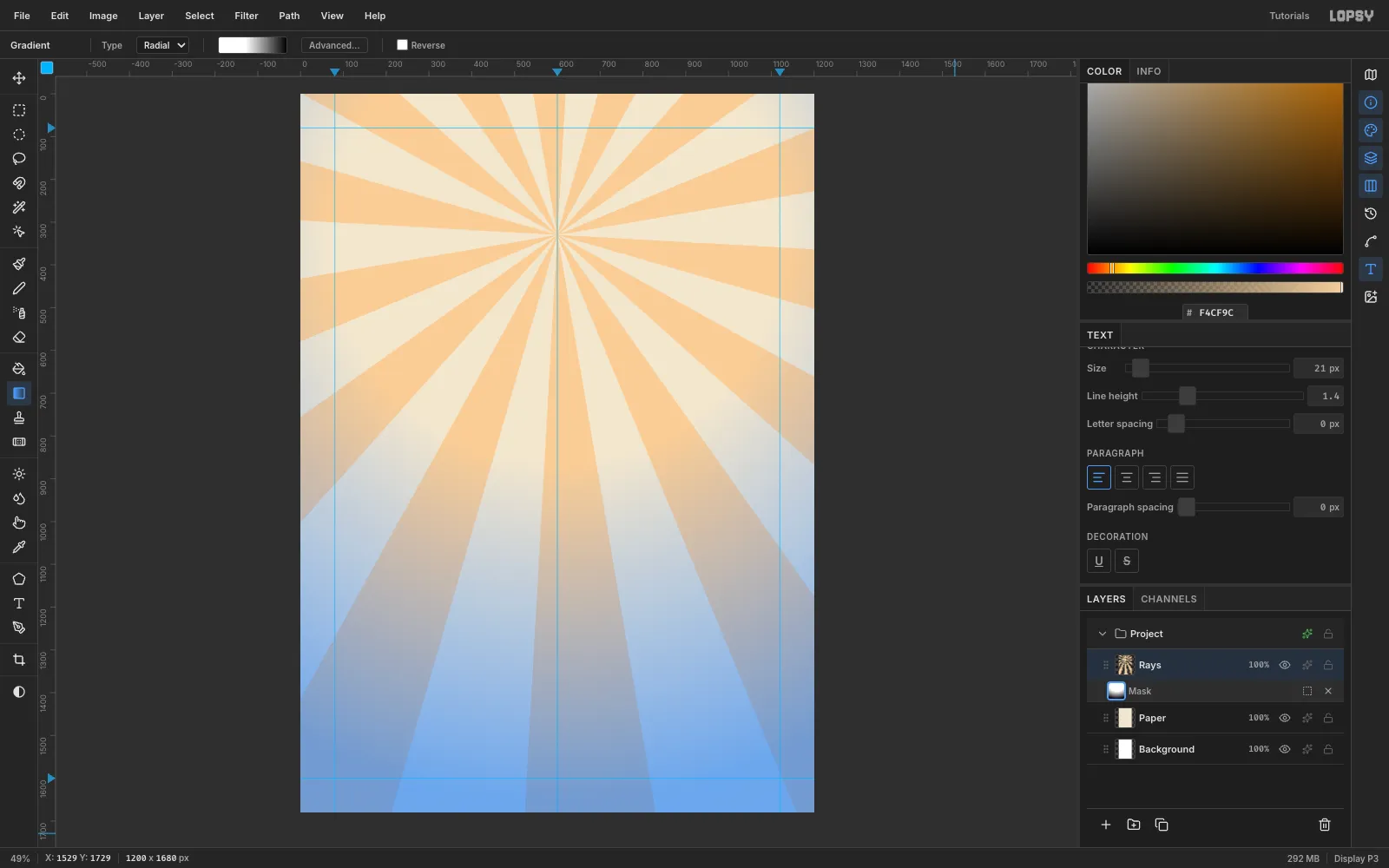 The Rays layer mask being edited, shown as a blue overlay, after a white-to-black radial gradient from the burst centre
